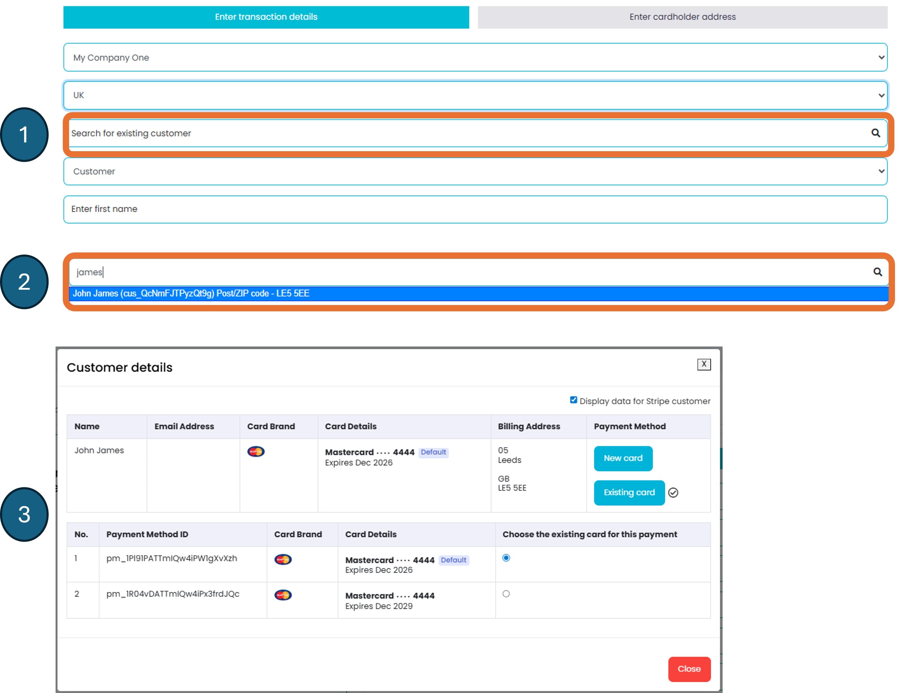 Paytia user interface customer lookup screen