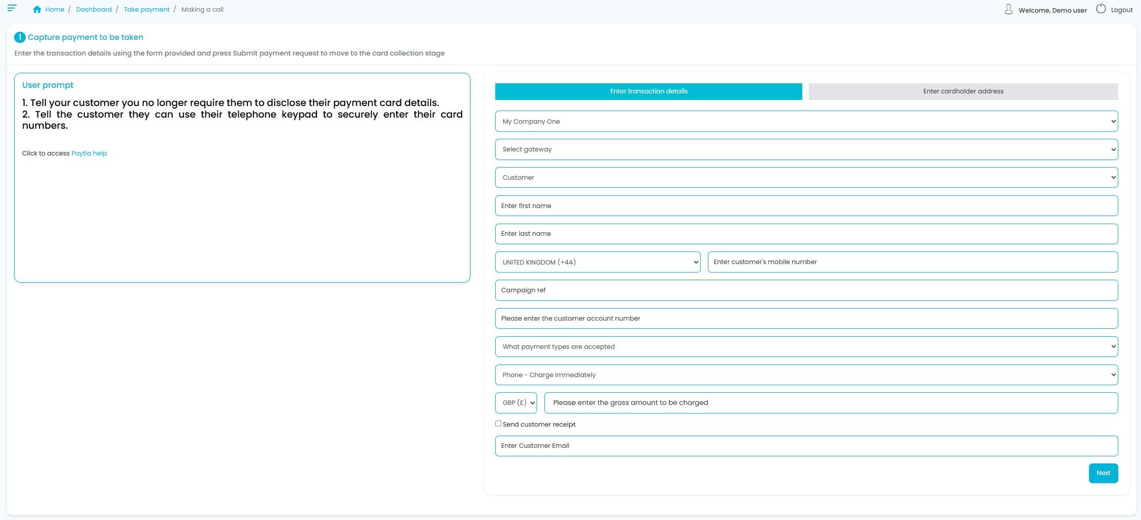 Paytia portal showing the payment capture screen where agents initiate a secure payment