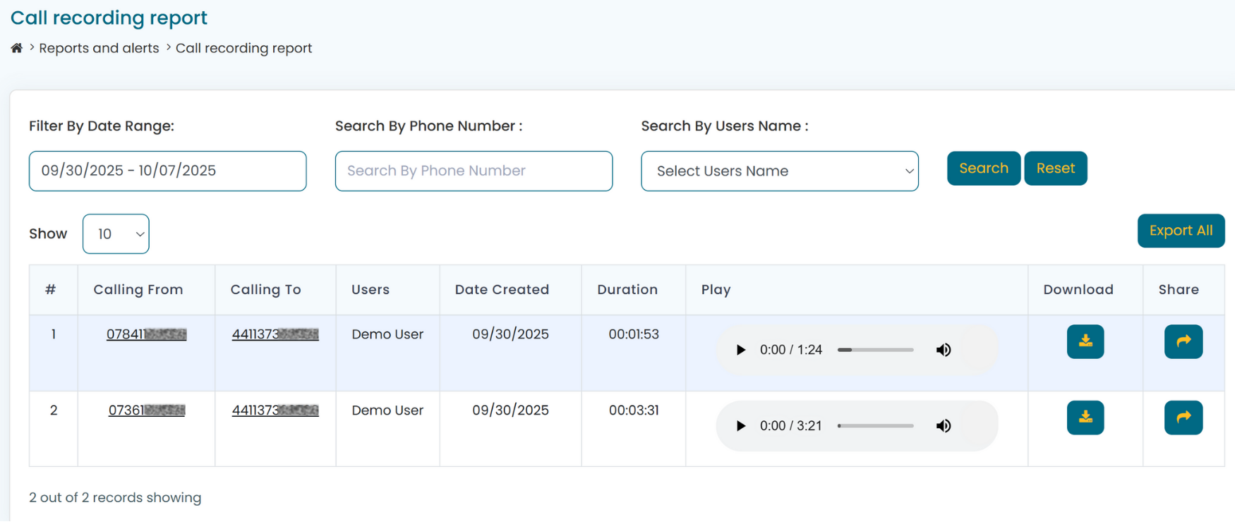 Call recording report dashboard