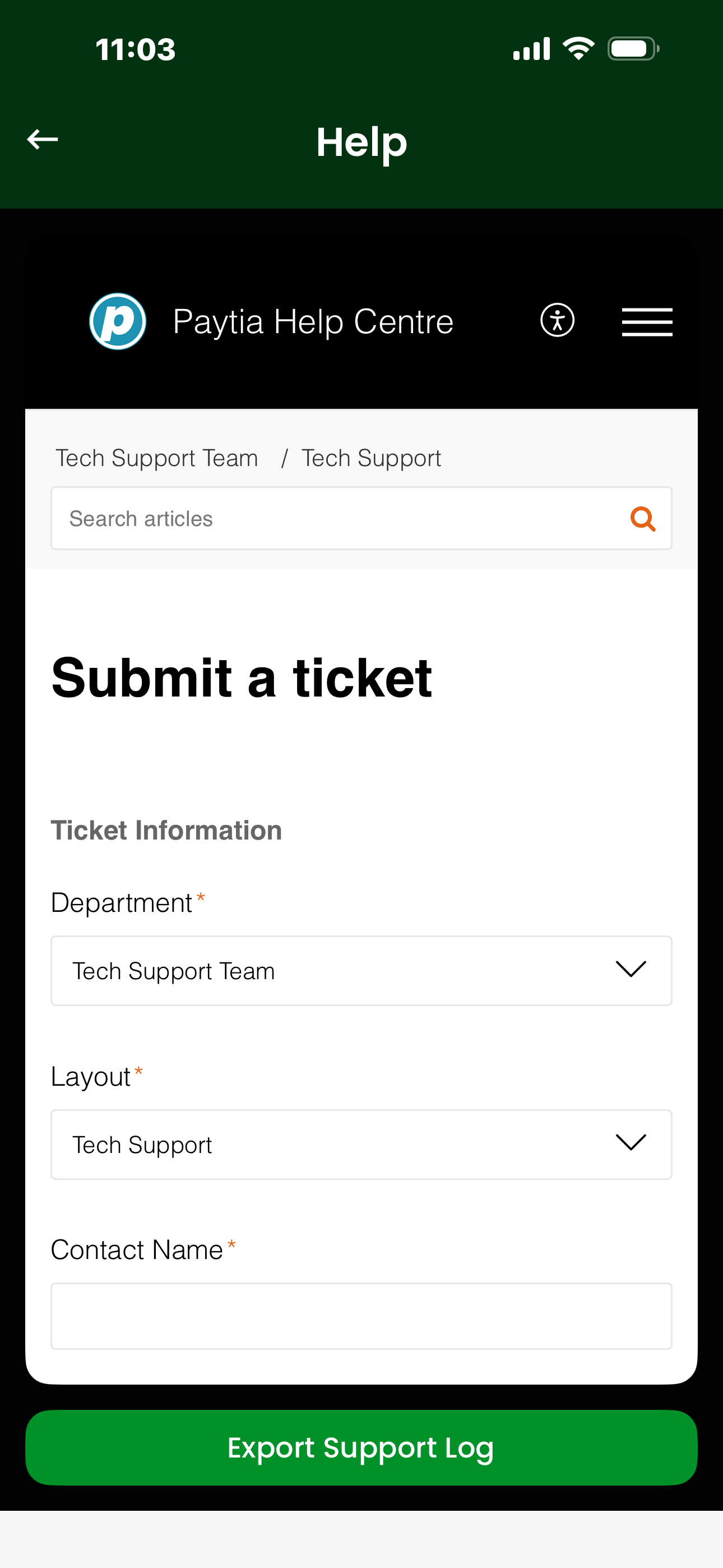 PayMobile in-app support screen