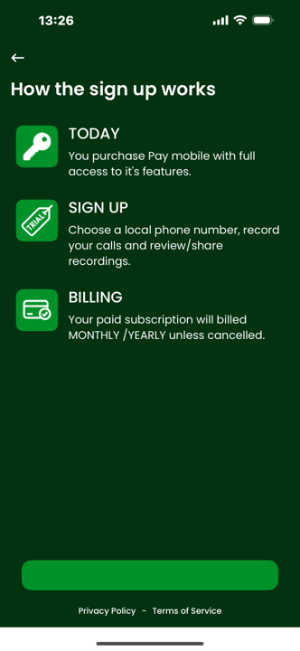 PayMobile signup screen with three-step process