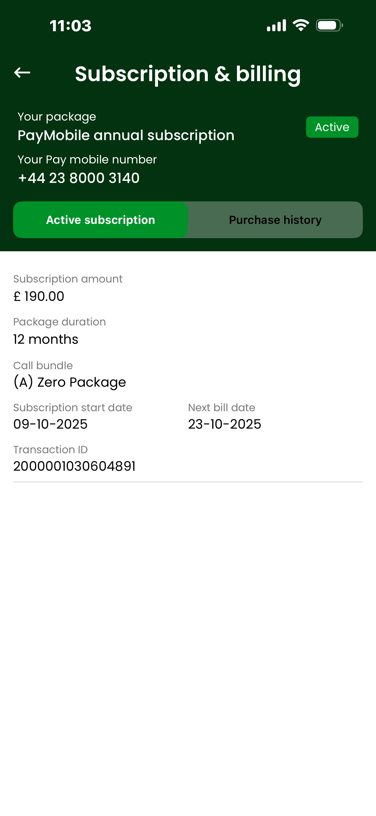 PayMobile subscription management screen