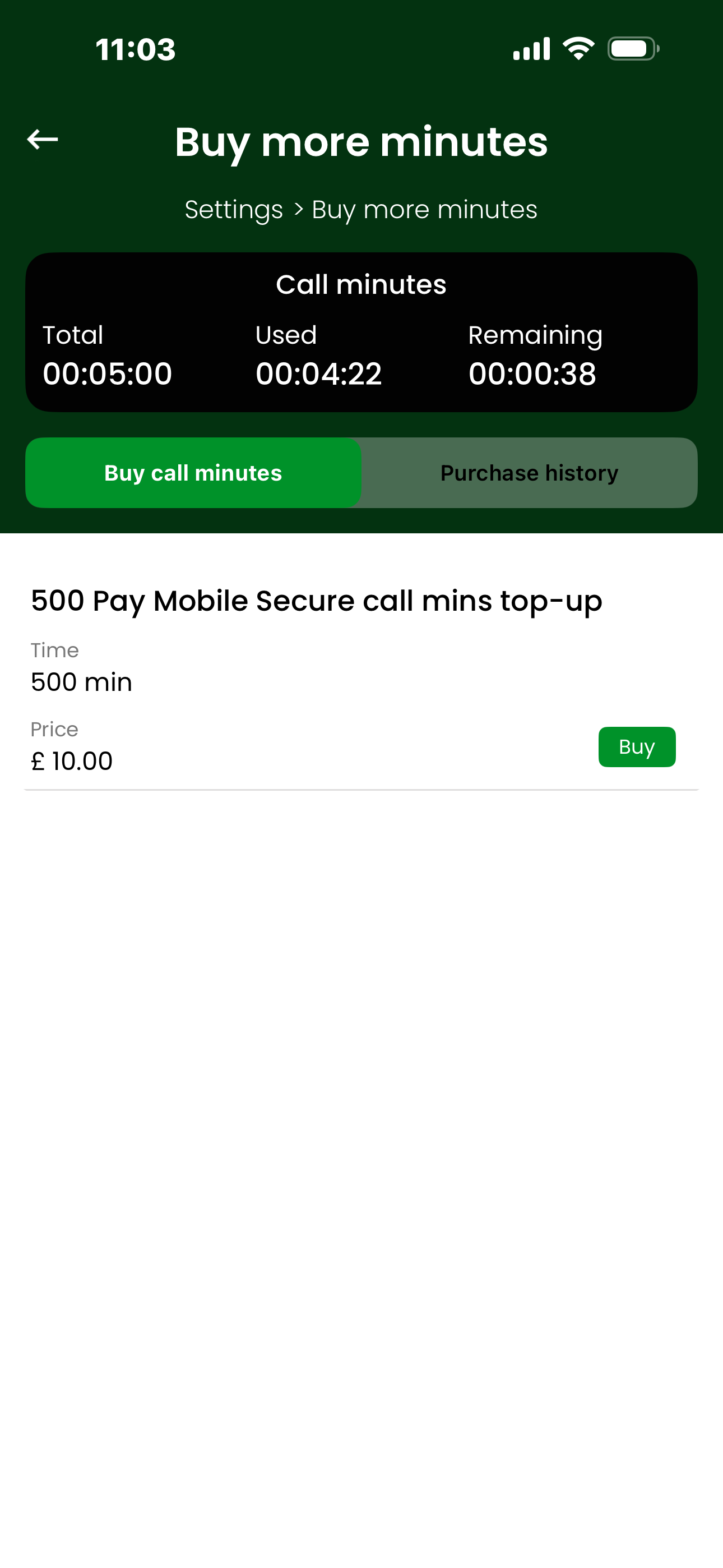 PayMobile topup call minutes screen