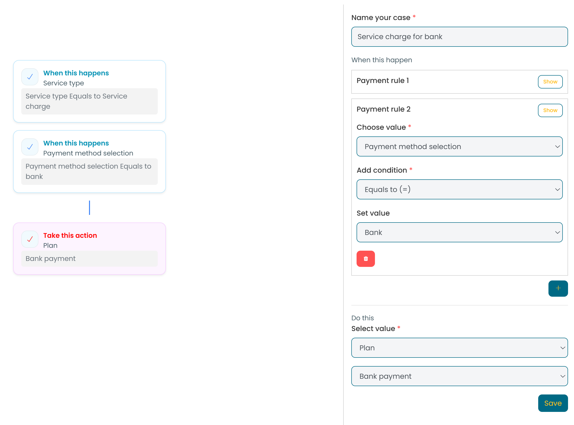 Advanced payment rules configuration interface showing conditional logic, validation rules, and payment button display controls
