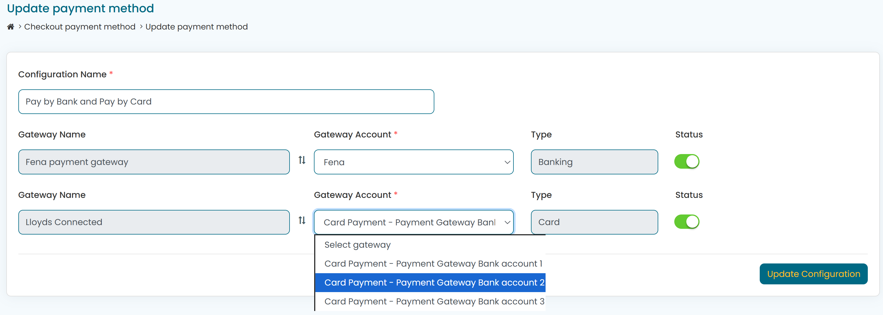 Advanced payment type configuration showing payment gateway mapping and routing controls for different payment methods