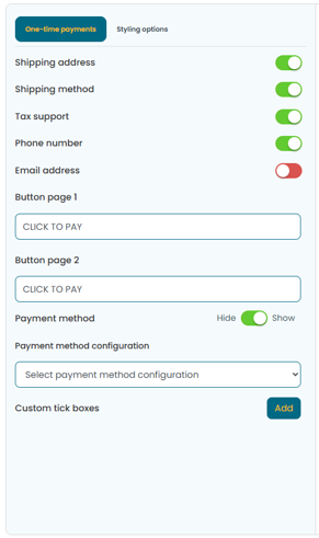 Checkout templates control panel showing on/off sliders for customising one-time payment form fields and features