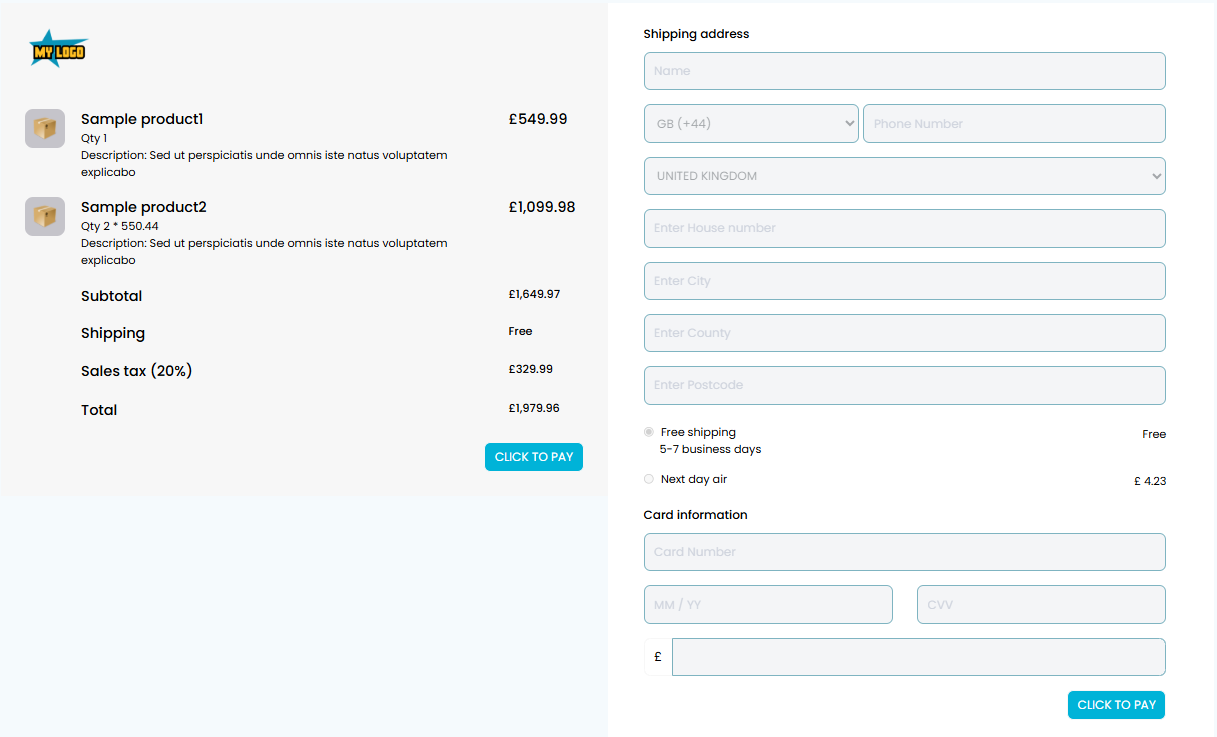 Web checkout template 1 - Customisable payment form design option