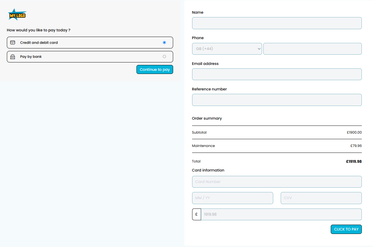 Web checkout template 4 - Customisable payment form design option