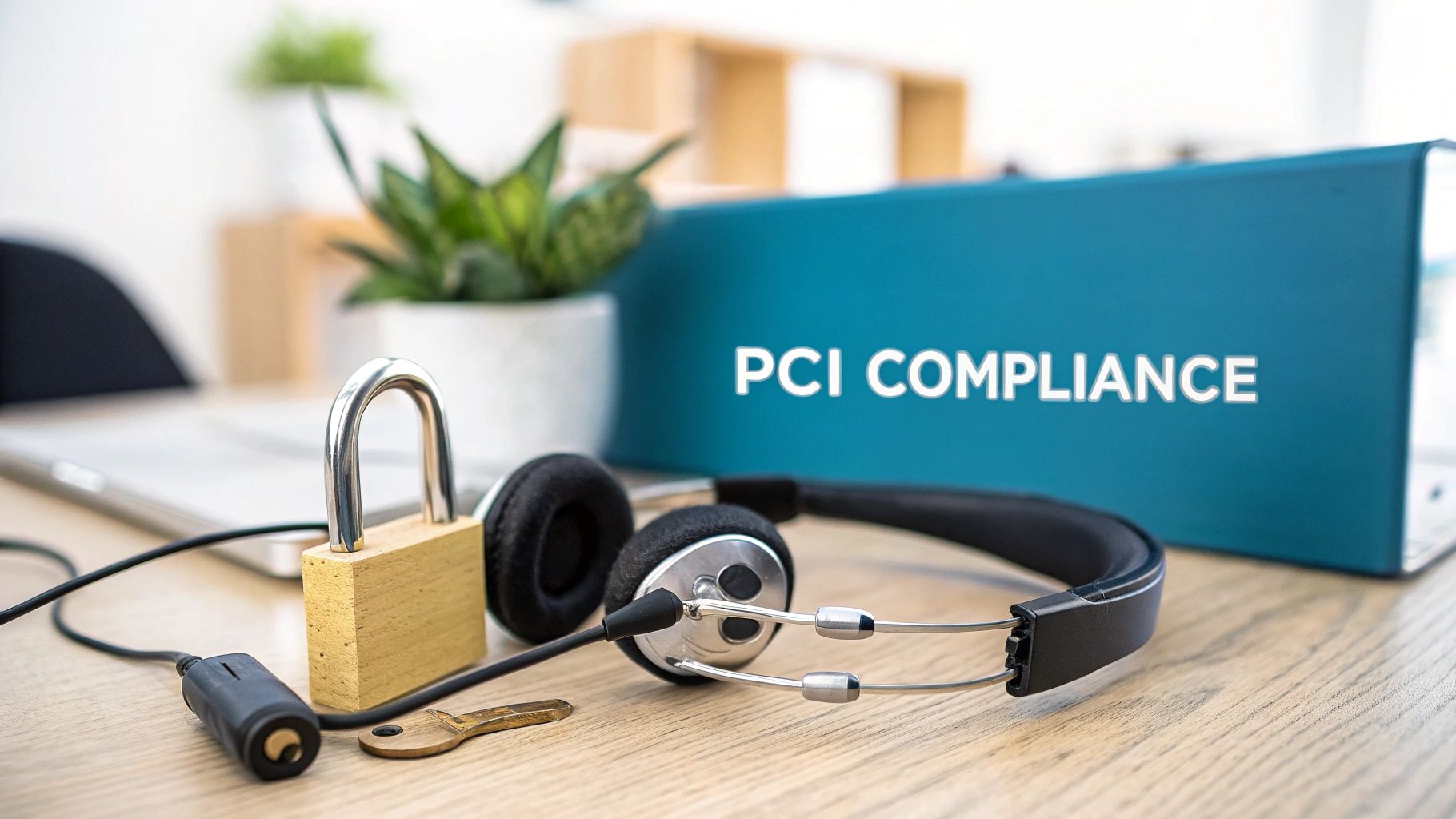 A padlock, headphones, and a blue binder labeled 'PCI COMPLIANCE' on a wooden desk.