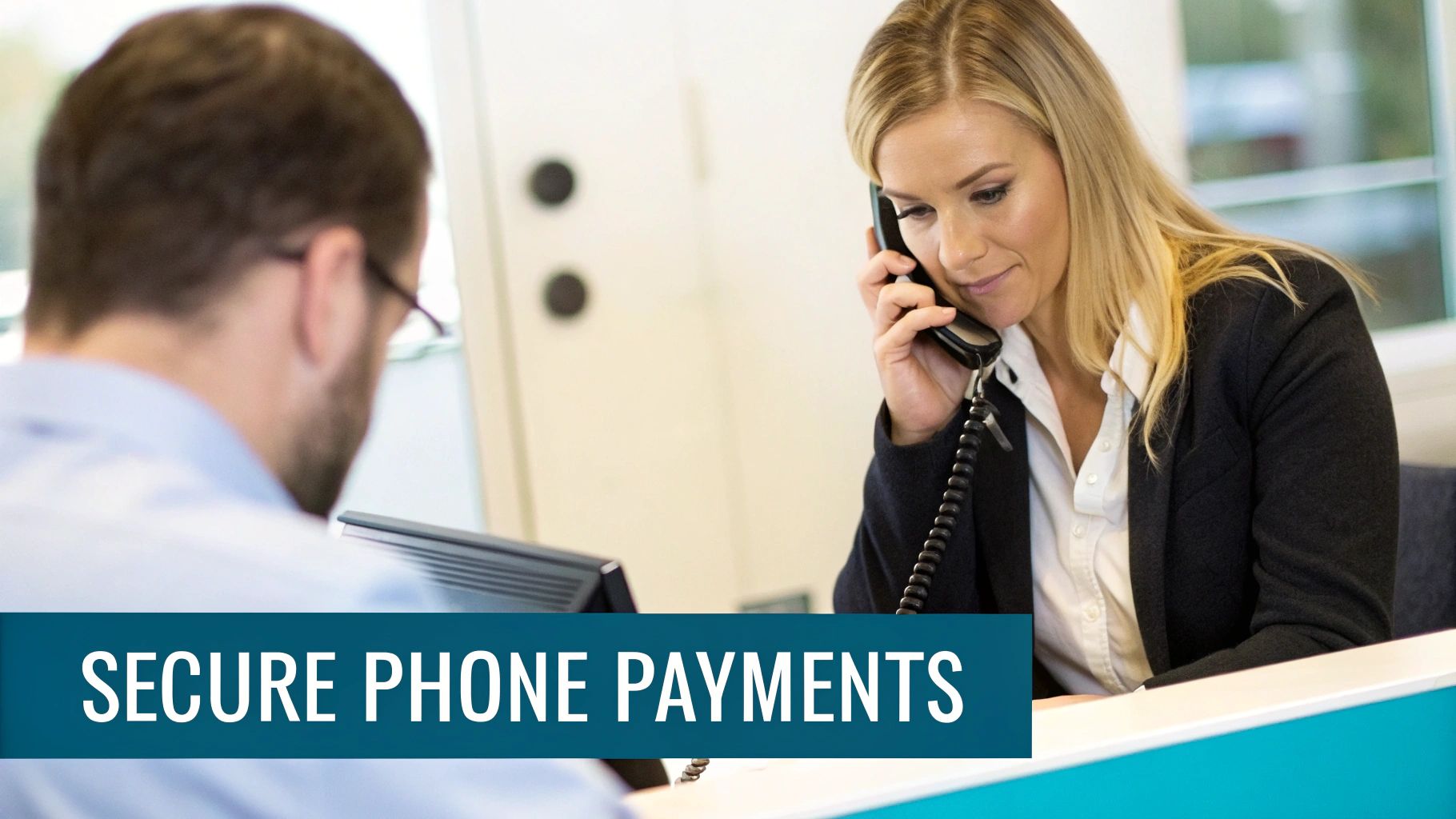 A businesswoman in an office talks on a corded phone, with 'SECURE PHONE PAYMENTS' text overlay.