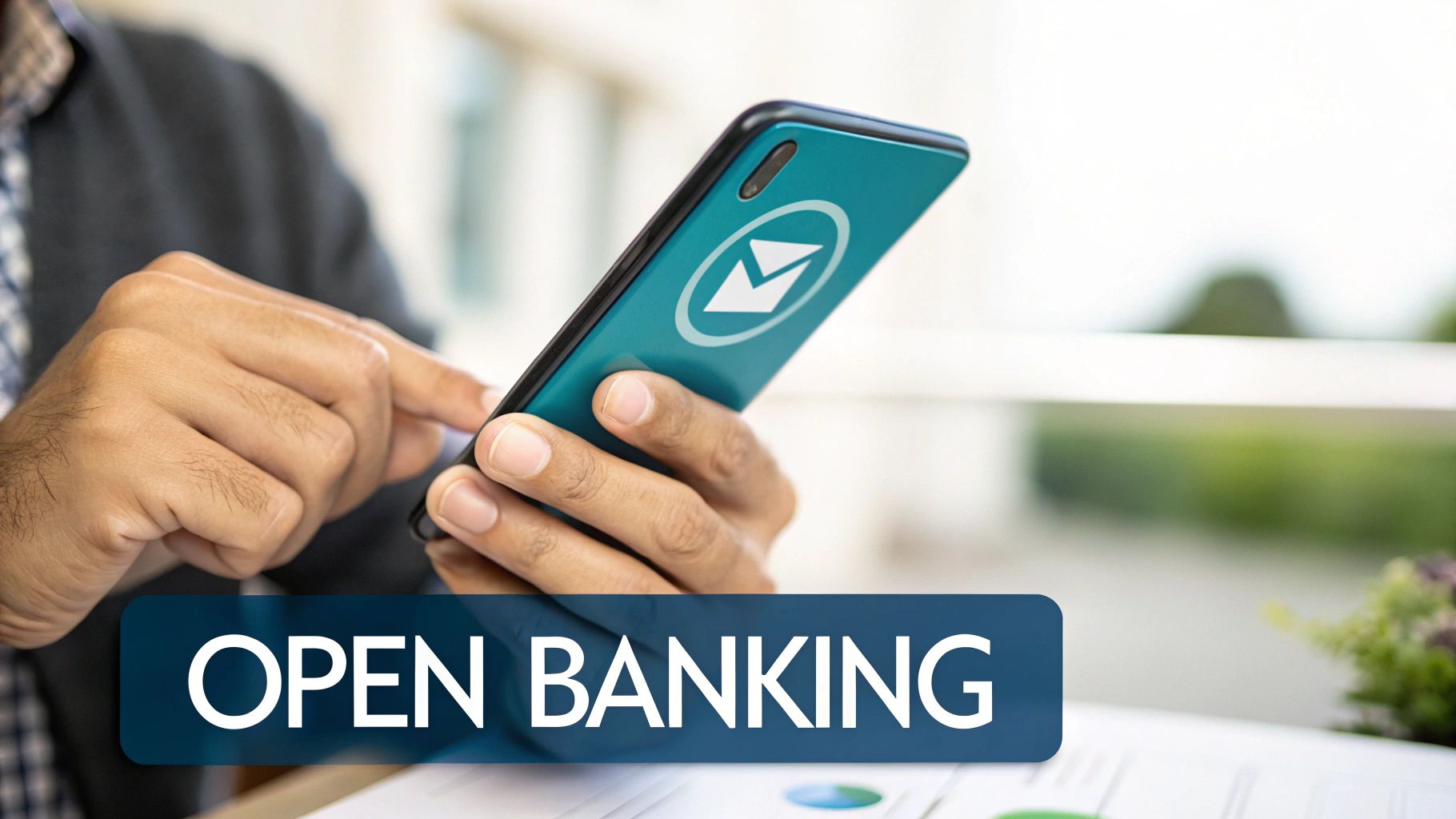 Hands holding a smartphone with a banking app, displaying 'OPEN BANKING' on a blue banner.