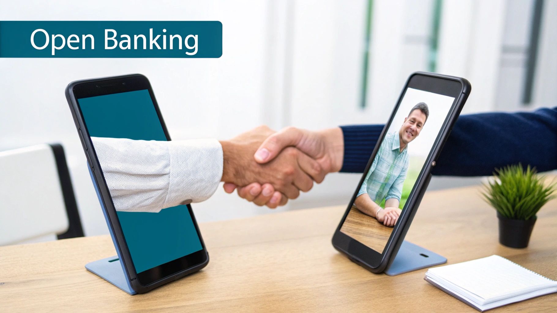 Two smartphones on a desk, one with a hand extending for a digital handshake, illustrating Open Banking.