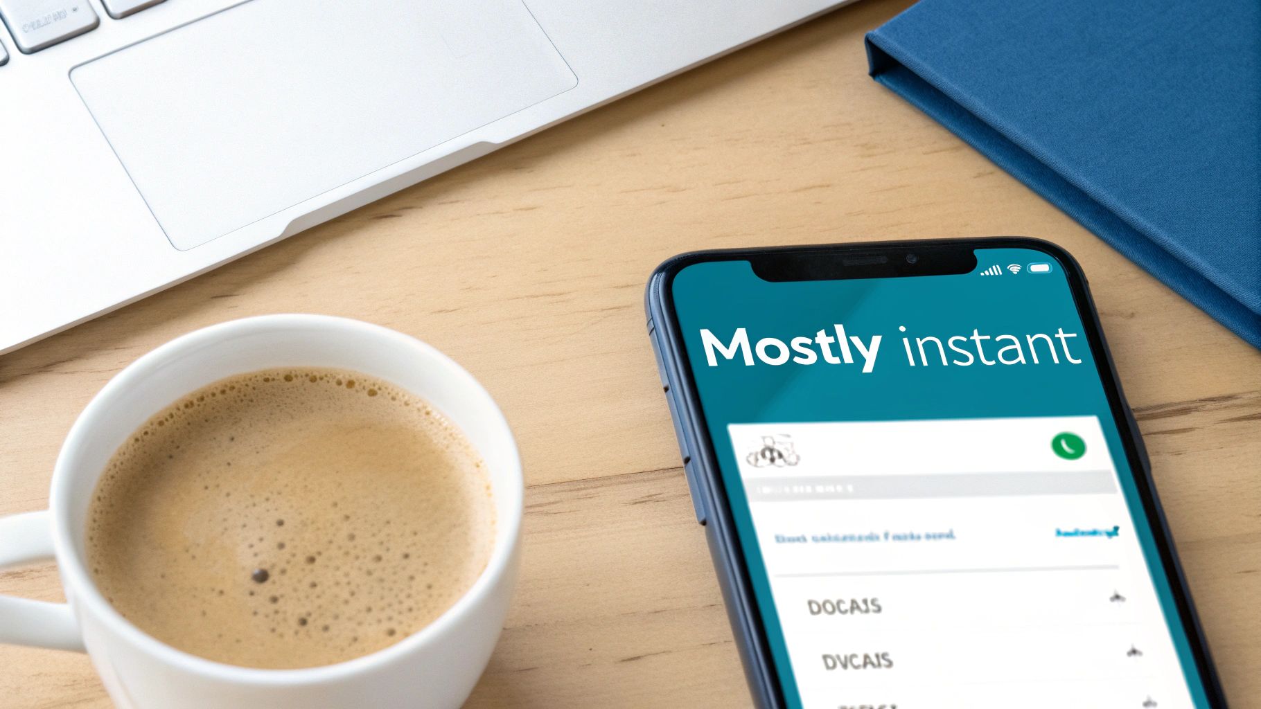 Overhead view of a smartphone showing 'Mostly instant' text, coffee, laptop, and notebook on a wooden desk.