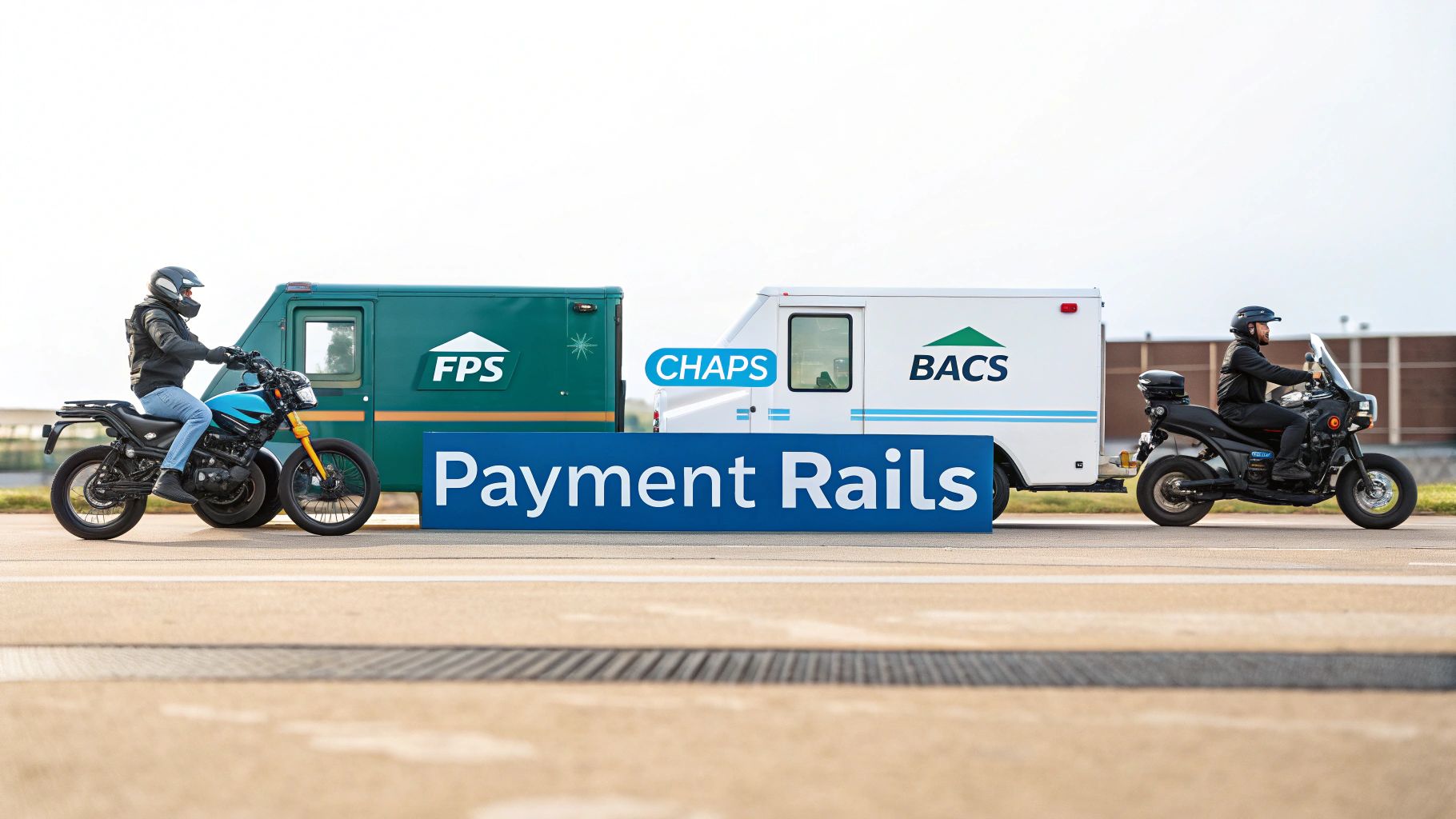 Motorcyclists flank armored vans displaying FPS, CHAPS, and BACS payment system logos with a 'Payment Rails' sign.