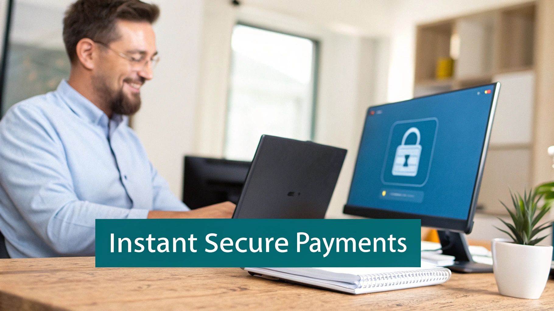 Smiling man working on a laptop next to a monitor showing a security lock icon for payments.