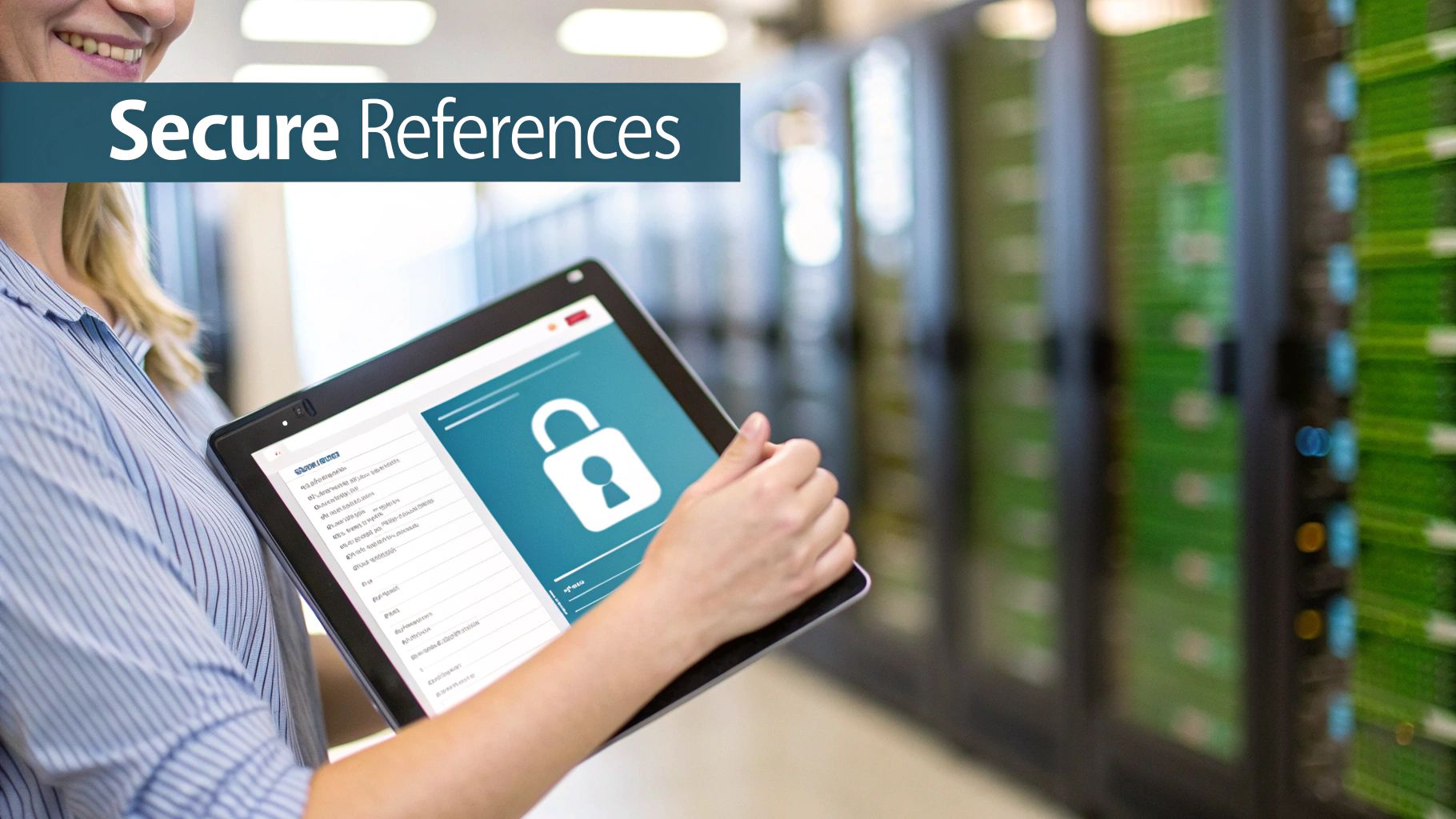 A person holds a tablet displaying a lock icon and text 'Secure References' in a server room.