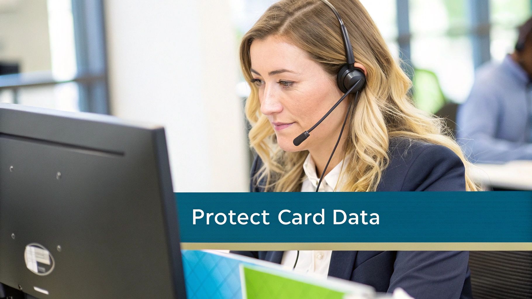 A female customer service representative wearing a headset looks at a computer screen in an office.