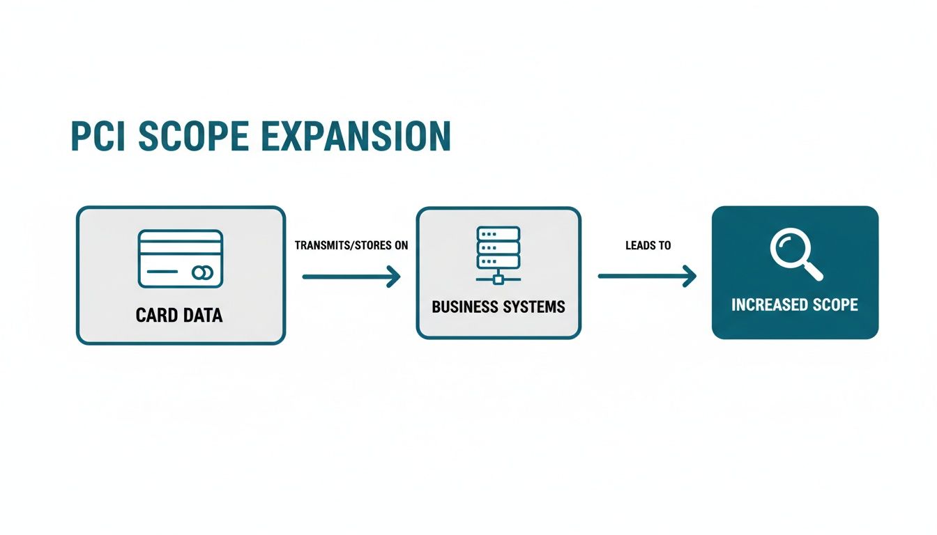 A flowchart illustrating PCI scope expansion, showing card data transmitted to business systems leads to increased scope.
