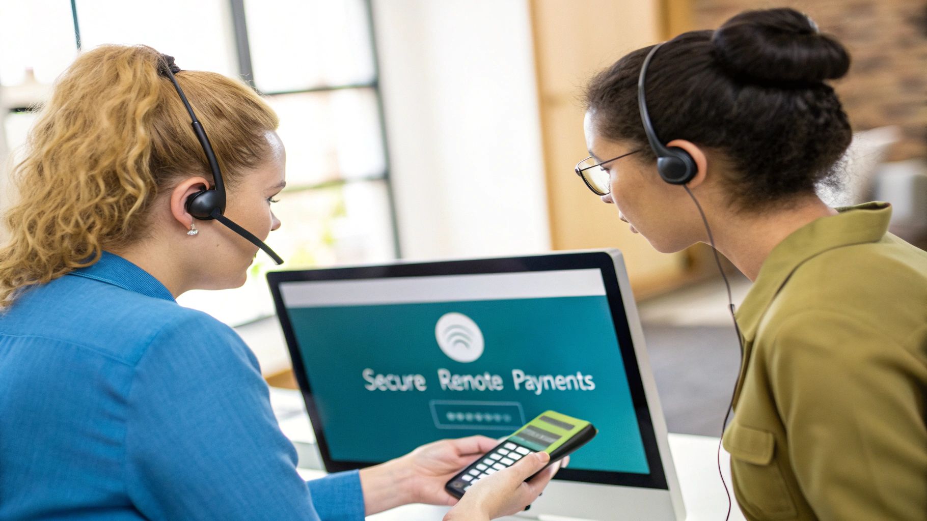 Two call center agents in headsets processing secure remote payments on a computer, using a payment device.