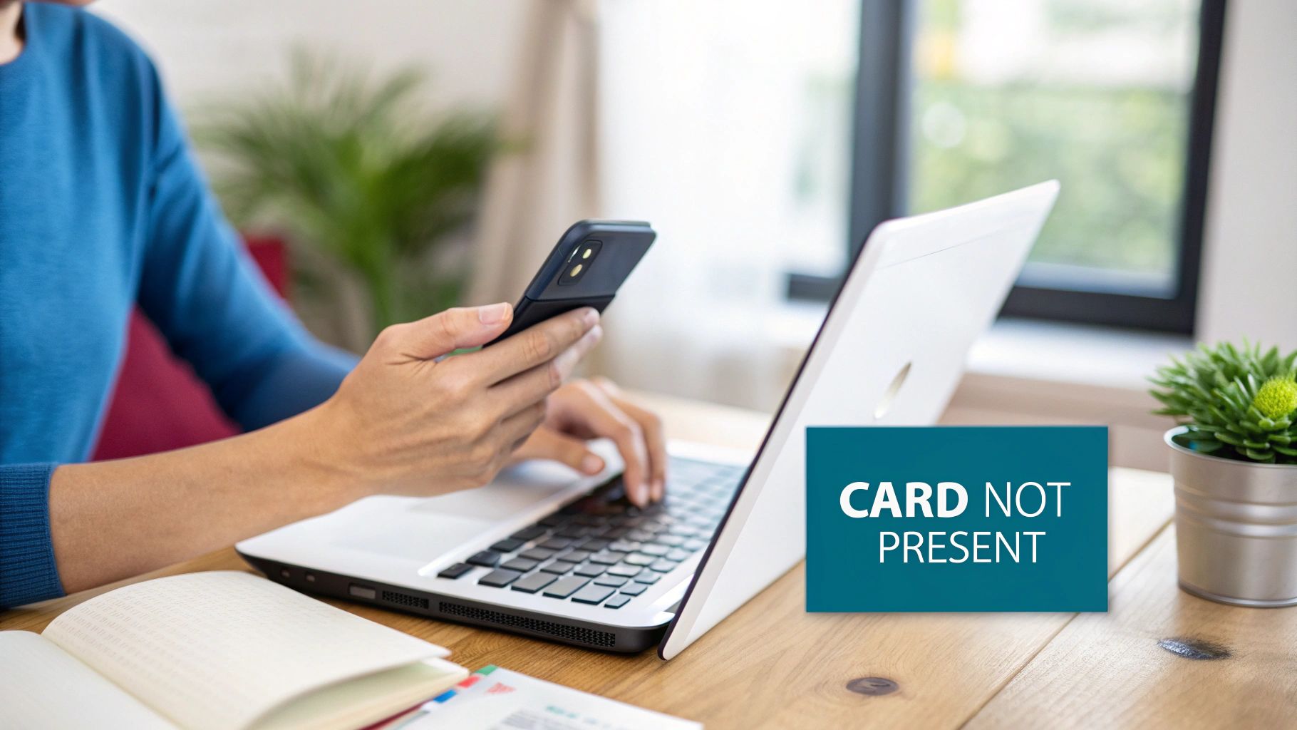 A person typing on a laptop and holding a smartphone, with a 'CARD NOT PRESENT' overlay.