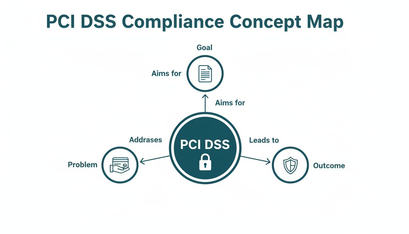 A concept map illustrating PCI DSS compliance, its goals, problems addressed, and outcomes.