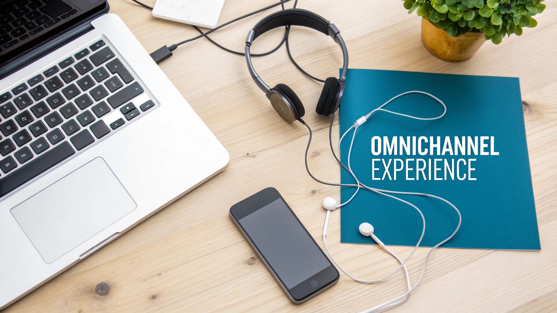 Overhead view of a workspace with a laptop, smartphone, headphones, and a folder reading 'OMNICHANNEL EXPERIENCE'.