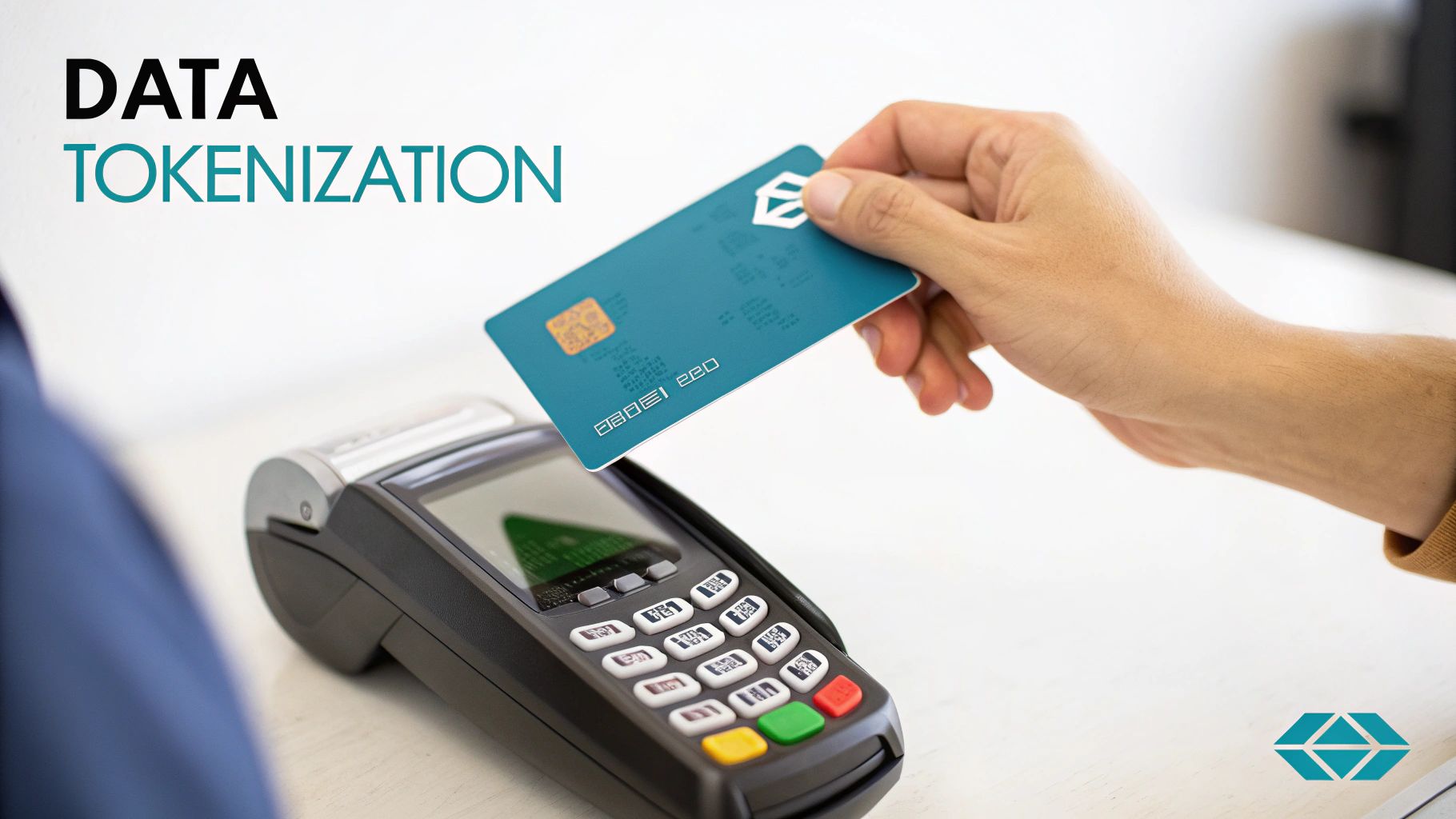 A hand holds a blue payment card over a POS terminal with text 'DATA TOKENIZATION'.
