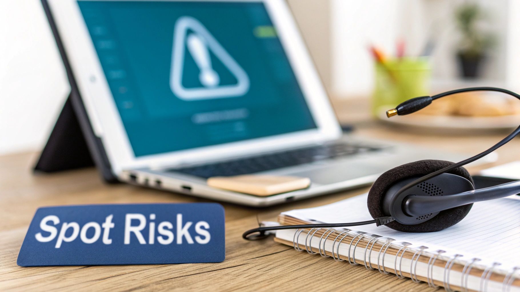 A laptop displaying a warning sign, a headset, and a 'Spot Risks' sign on a wooden desk.