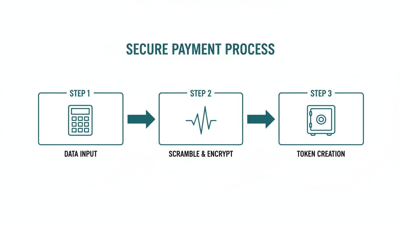 Diagram illustrating a secure payment process with data input, encryption, and token creation.