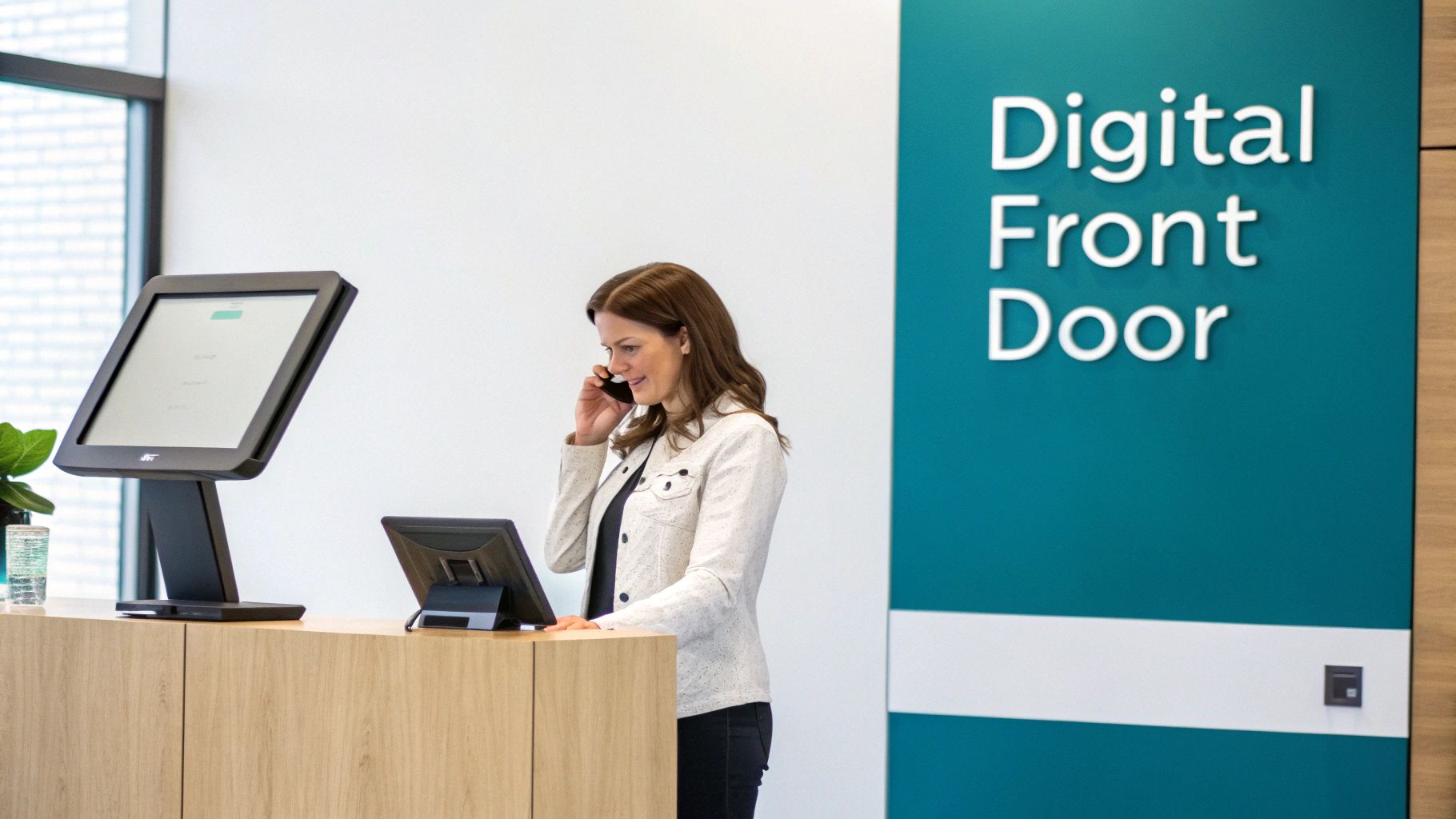 A woman on the phone at a modern reception desk with digital screens, beside a 'Digital Front Door' sign.