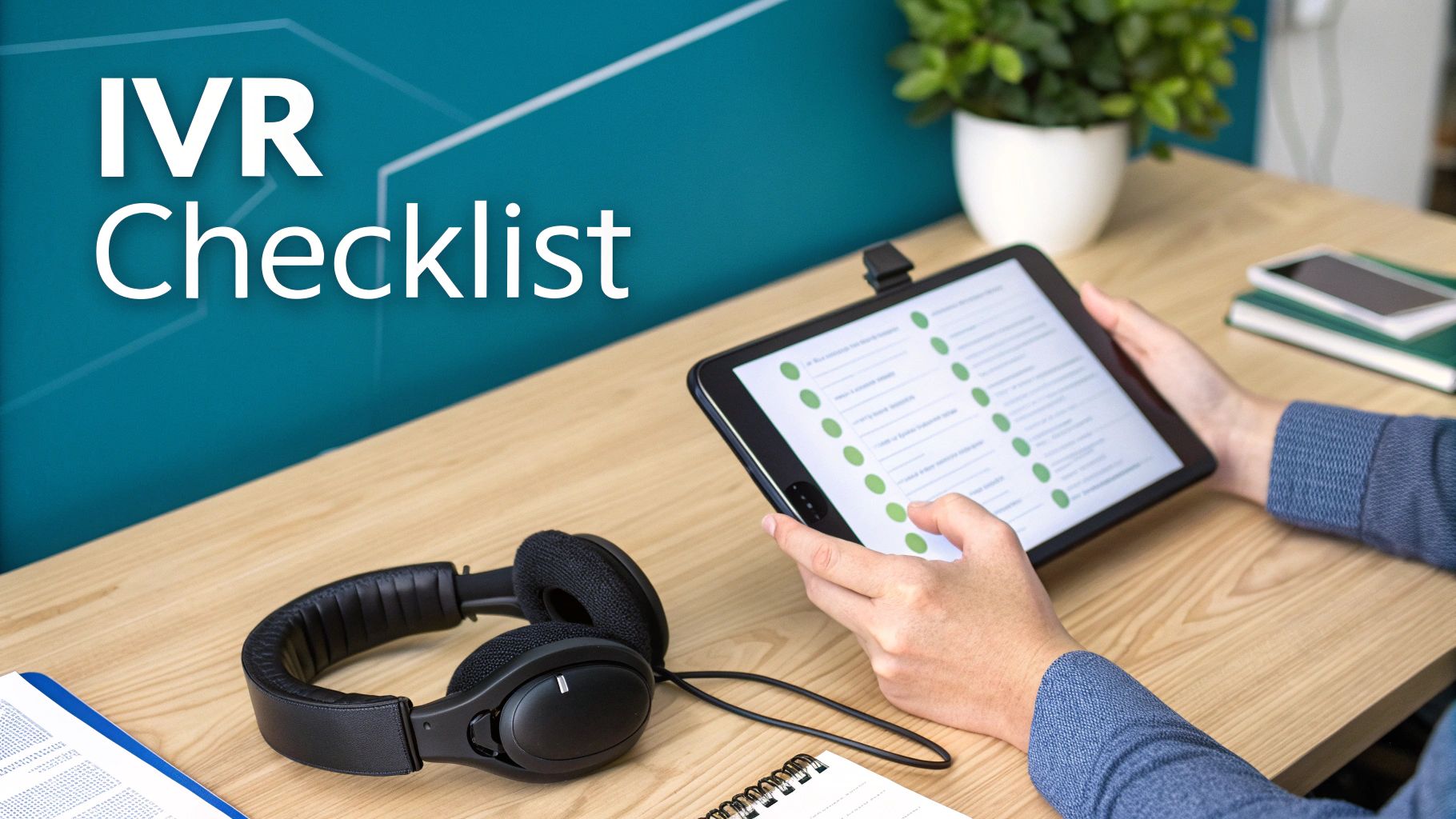 A person reviewing an IVR checklist on a tablet, with headphones and notes on a desk.
