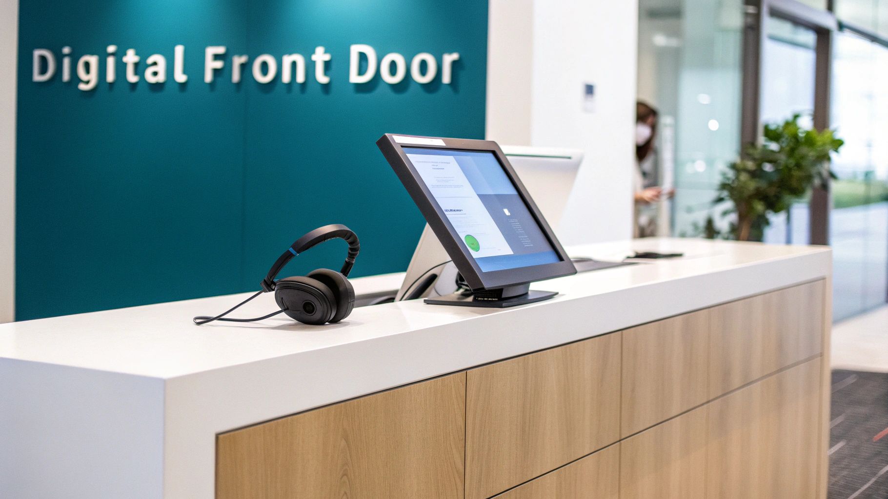 A modern reception desk featuring a 'Digital Front Door' sign, a touchscreen, and headphones.