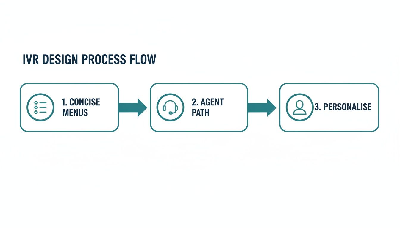 A three-step IVR design process flow, outlining concise menus, agent path, and personalisation.
