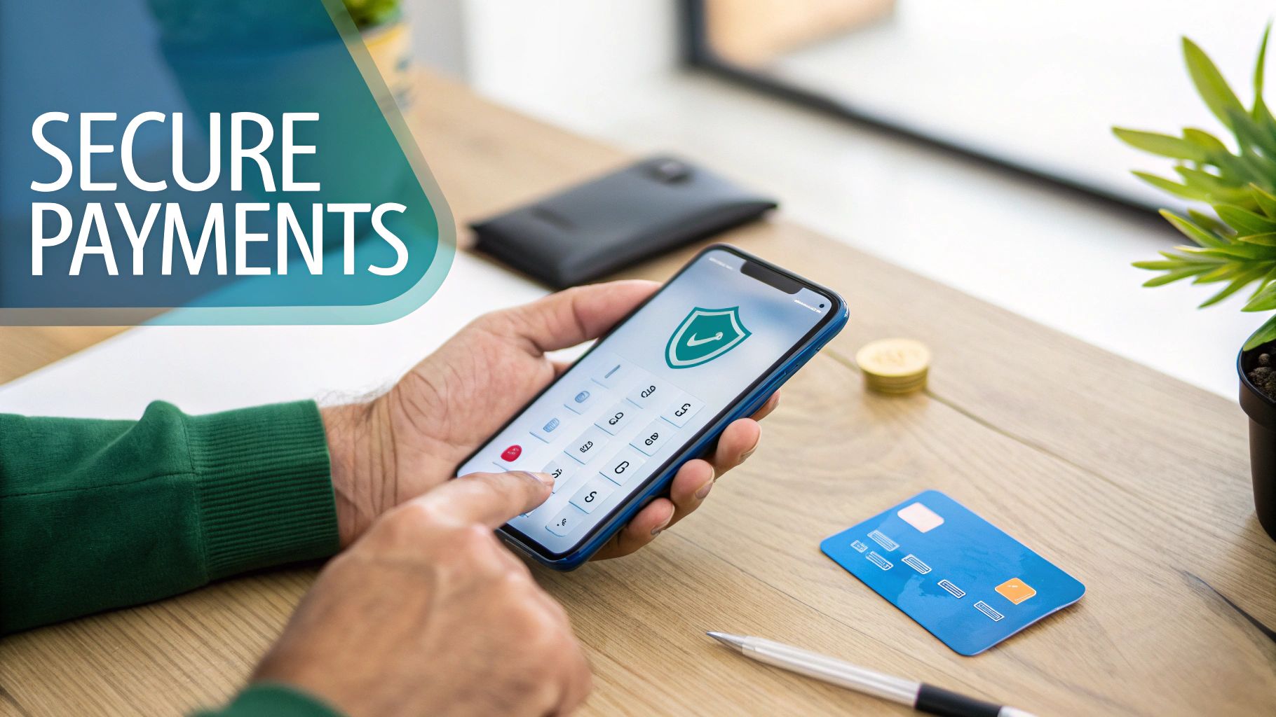Person making a secure payment on a smartphone with a shield icon, credit card, and cash nearby.