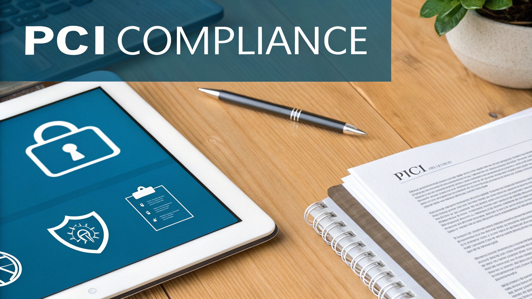 PCI Compliance concept with a tablet displaying security icons, a pen, and a document on a wooden desk.