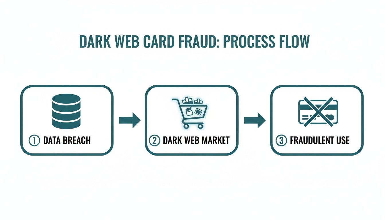A process flow diagram illustrating dark web credit card fraud: data breach, dark web market, and fraudulent use.