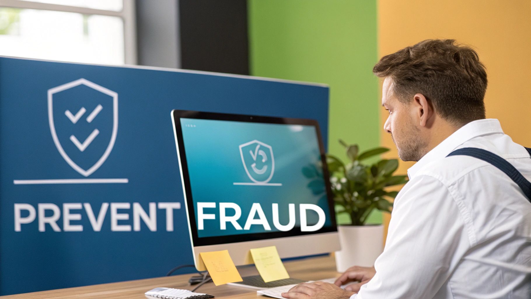A man working on a computer displaying 'PREVENT FRAUD' with a security shield icon.