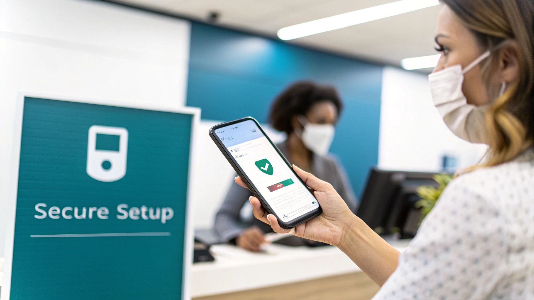 A woman in a mask holds a smartphone displaying a secure setup screen at a service counter.