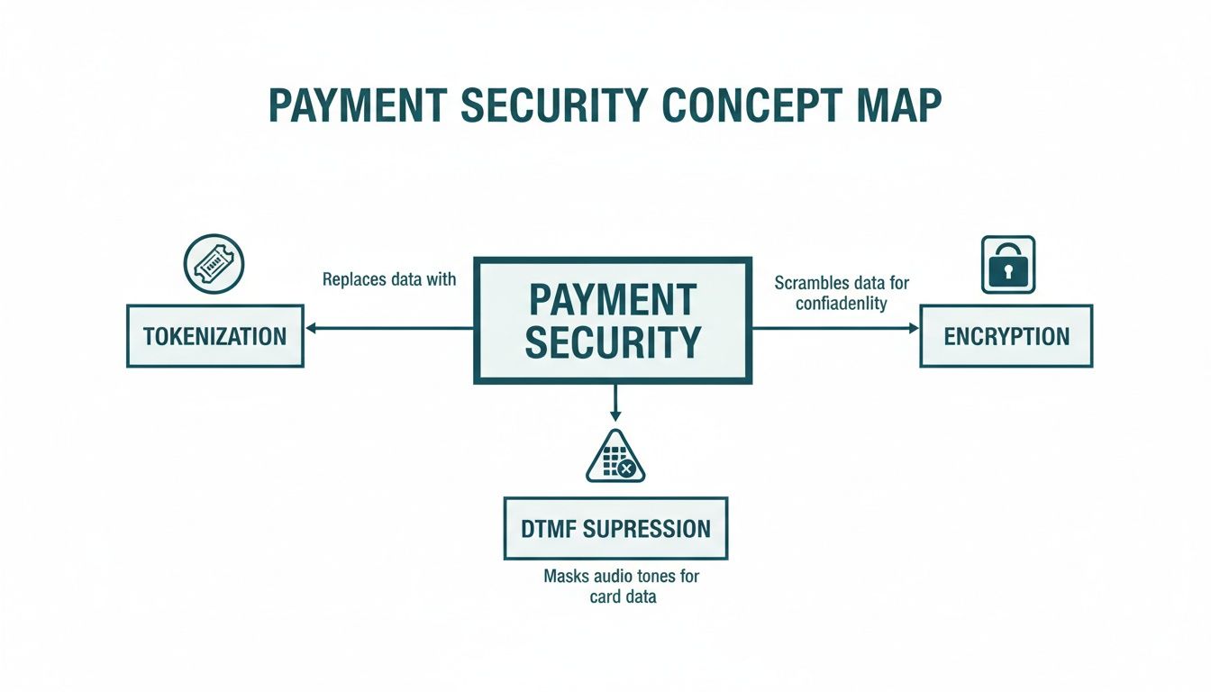 A concept map illustrating payment security methods, including tokenization, encryption, and DTMF suppression.