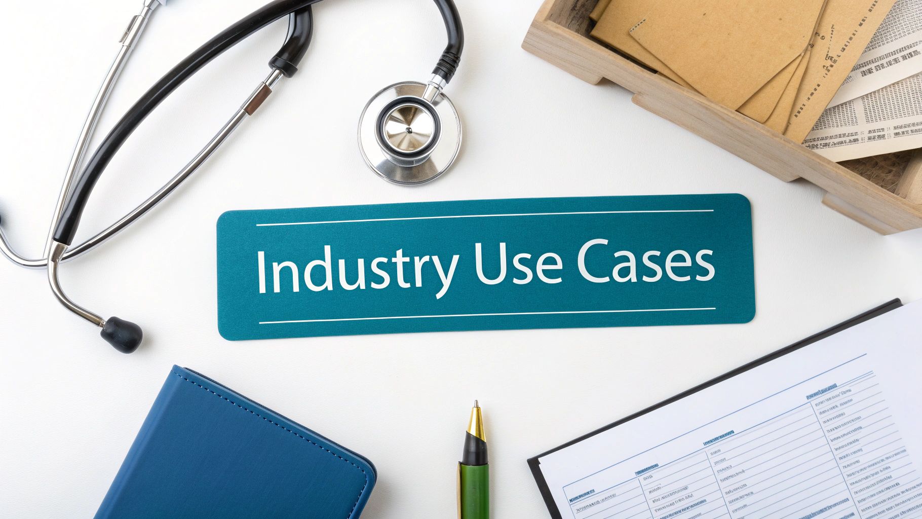 A flat lay of medical equipment and office supplies around a teal sign that says "Industry Use Cases".