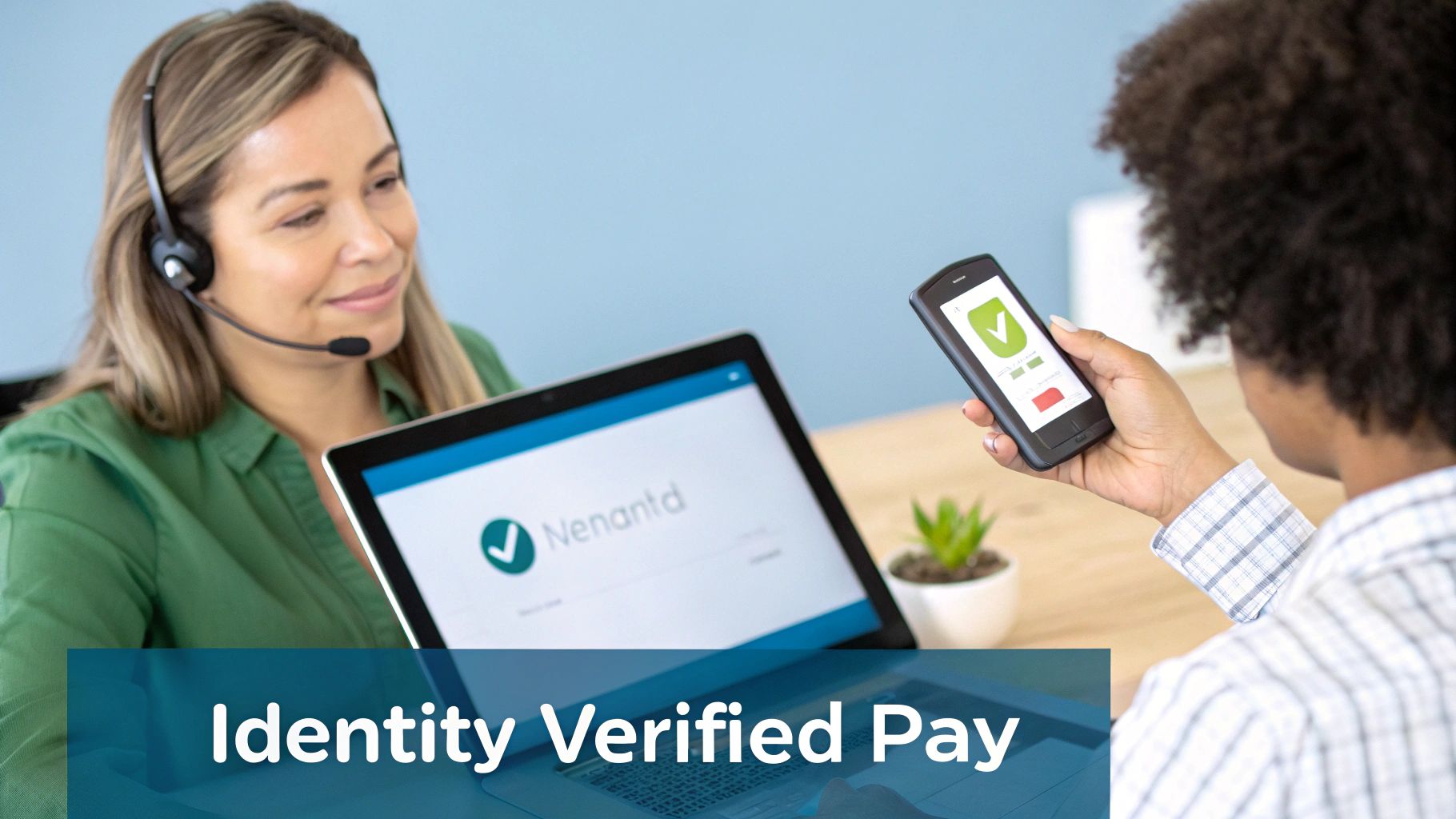 Two people interacting with digital devices for identity verified payment, showing successful verification on screens.