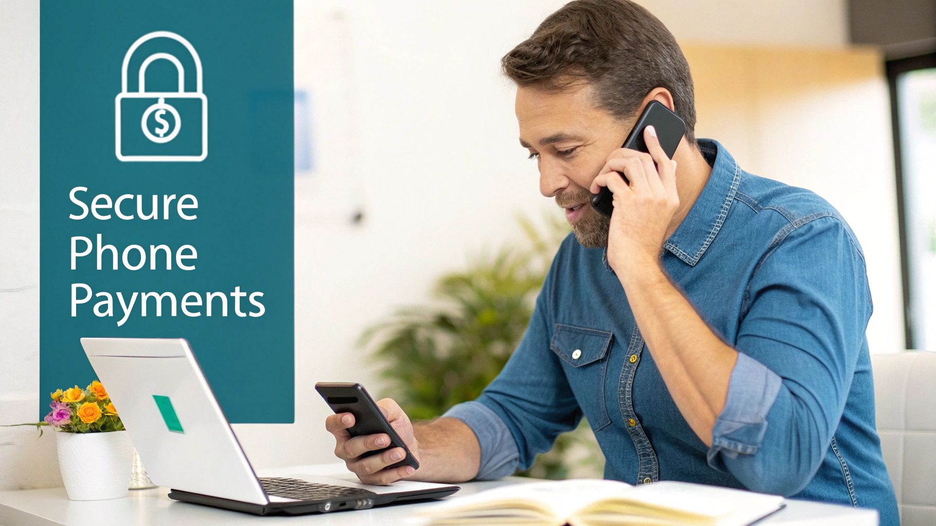 A man talking on one phone and looking at another, working on secure phone payments.