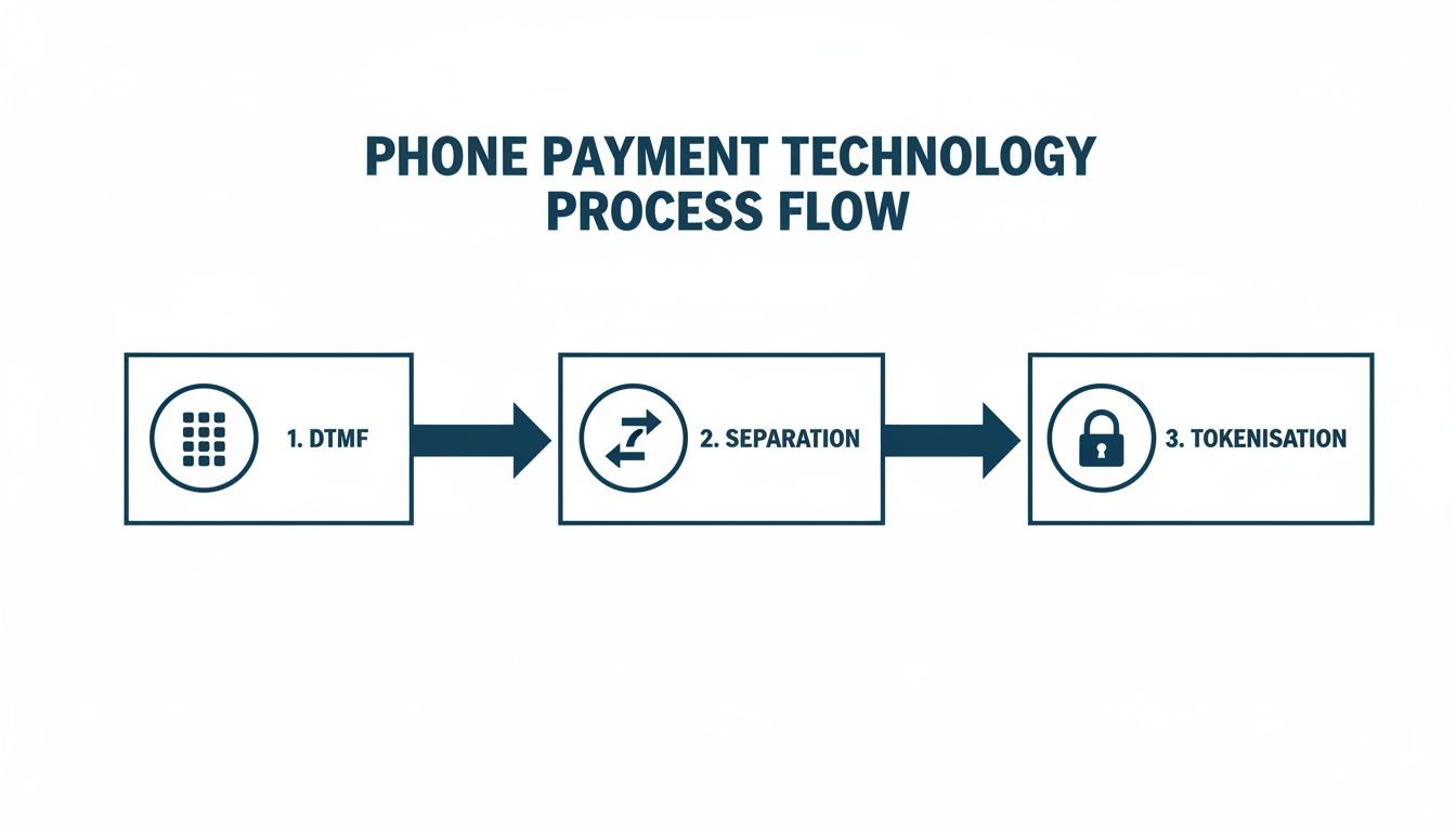 A process flow diagram illustrating the three steps of phone payment technology: DTMF, separation, and tokenisation.