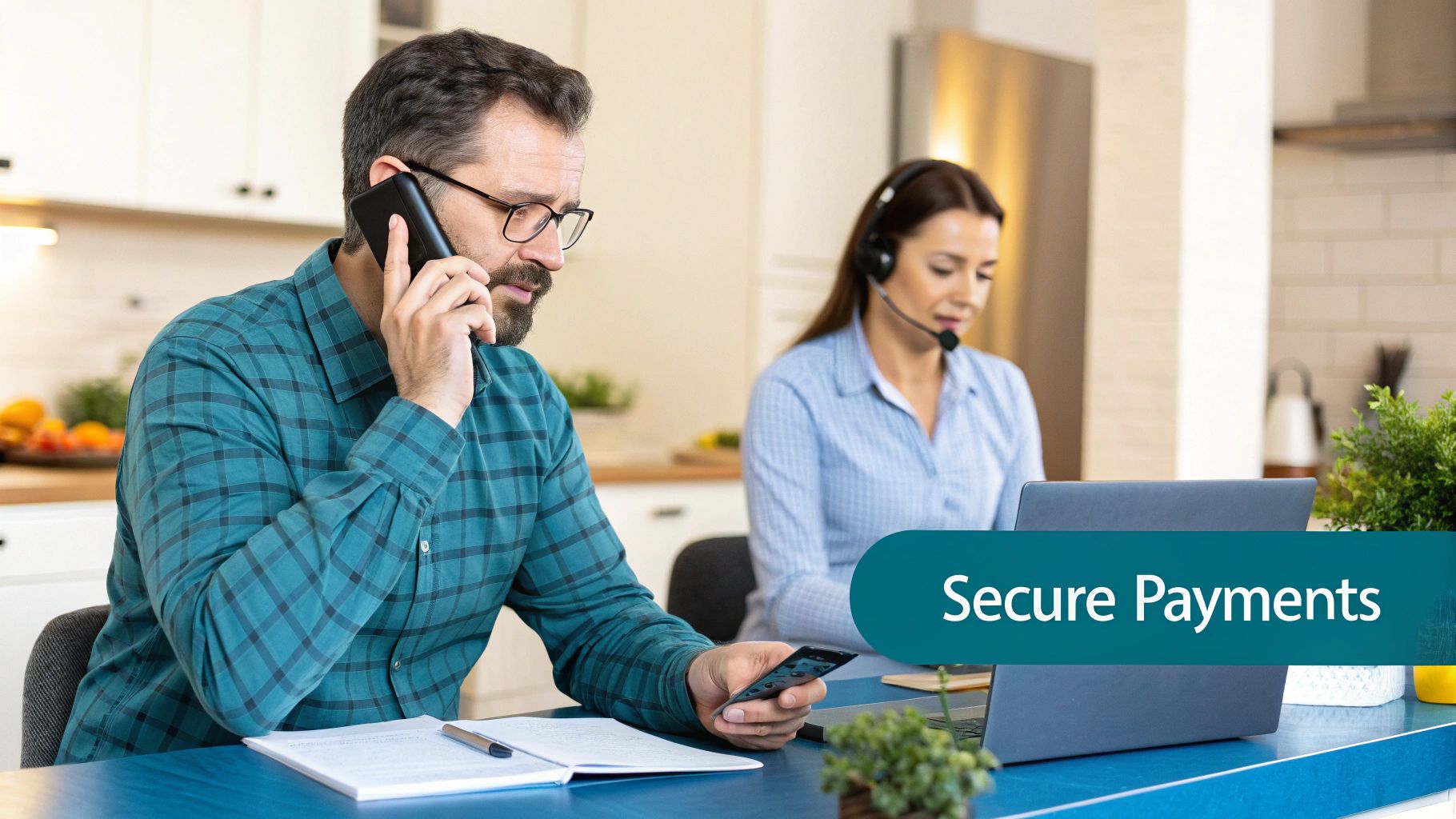 Man on a phone call with a woman on a laptop, emphasizing secure payments.