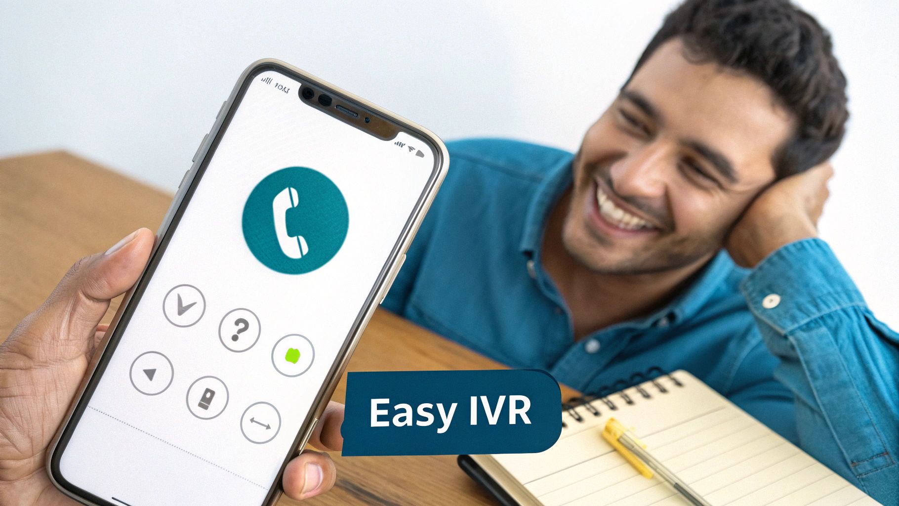 A person holds a phone displaying an IVR call interface while another person smiles happily.