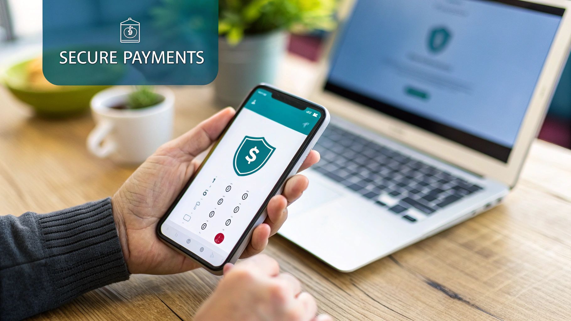 Hands holding a smartphone showing a secure payment app with a shield and dollar sign, on a wooden desk.