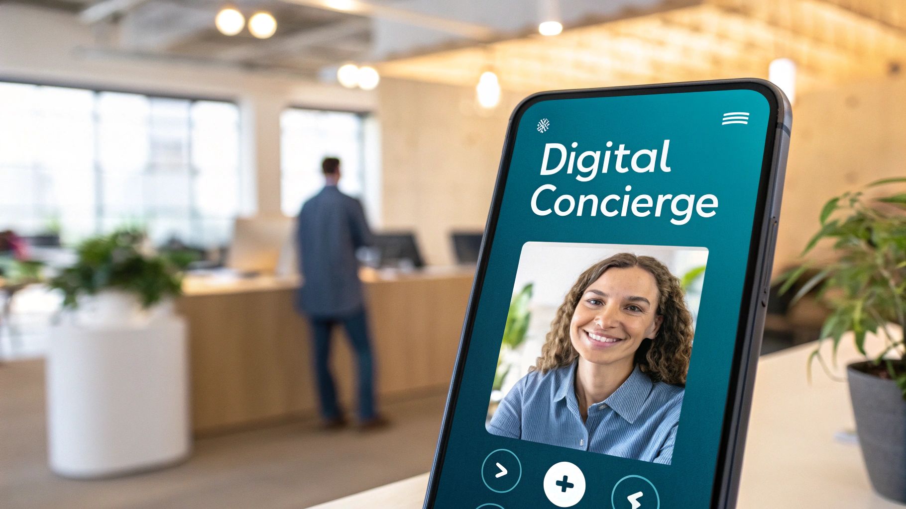 A smartphone displays a 'Digital Concierge' app with a smiling woman on screen, in a blurred office.