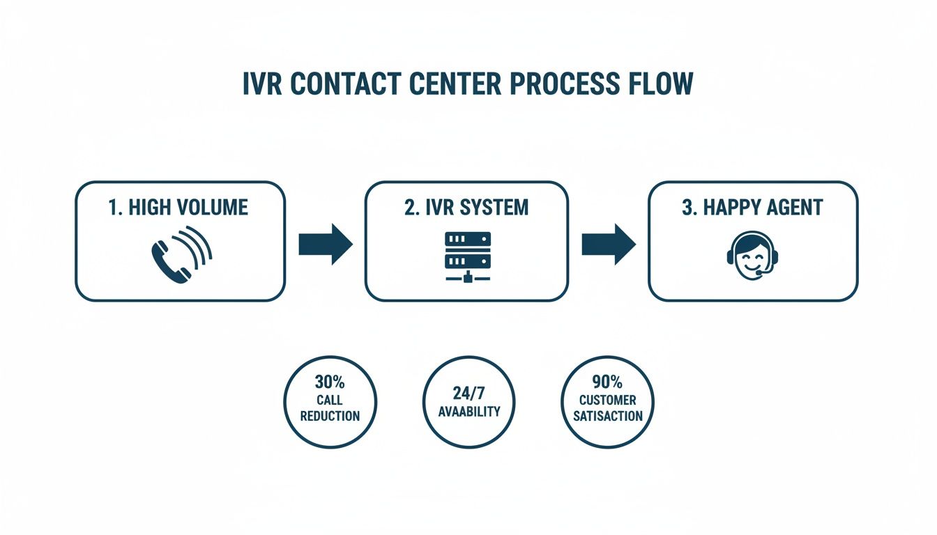 Flowchart illustrating an IVR contact center process, leading to call reduction, 24/7 availability, and customer satisfaction.