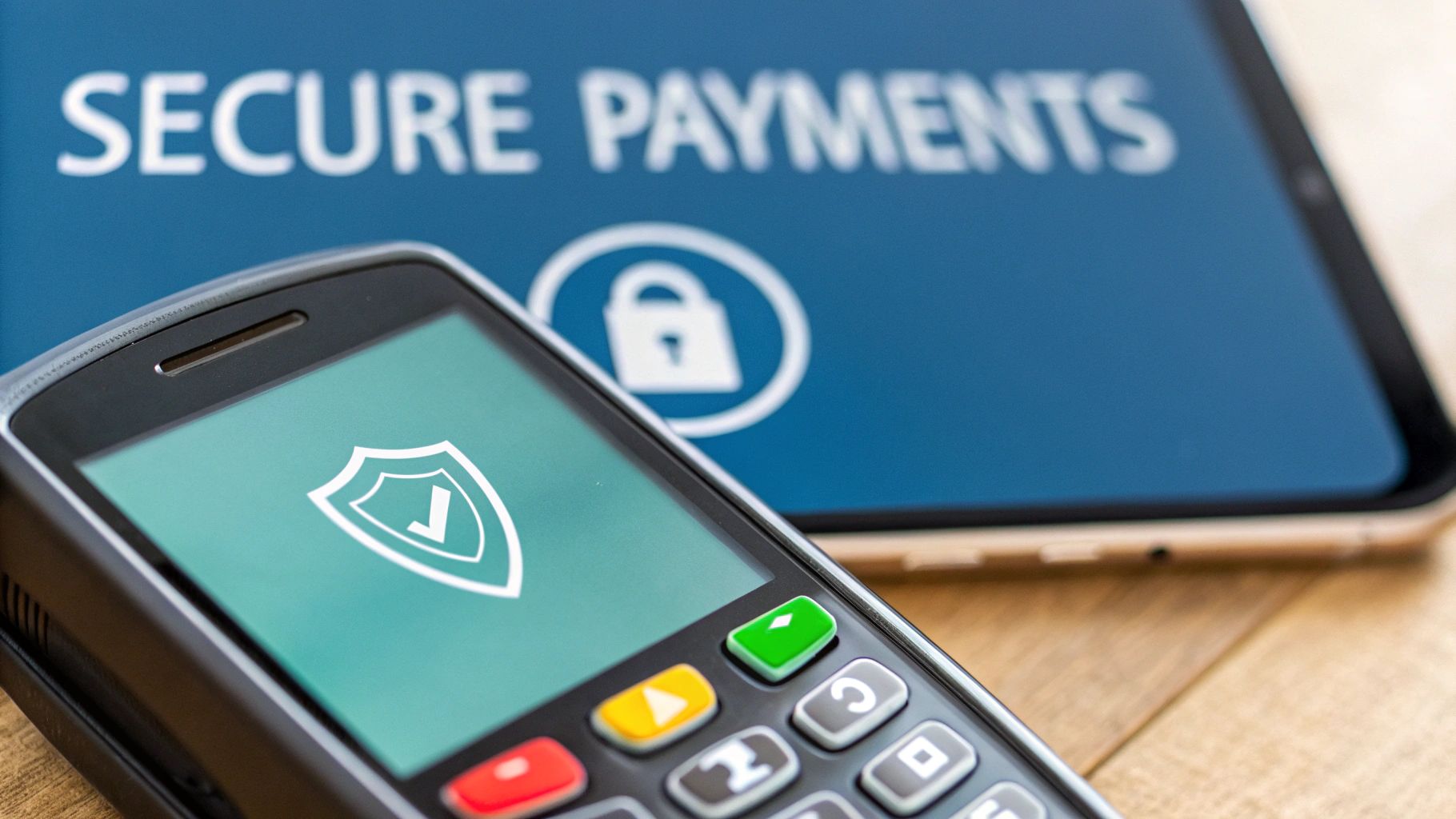 Close-up of a payment terminal with a security shield icon and a tablet displaying 'SECURE PAYMENTS'.