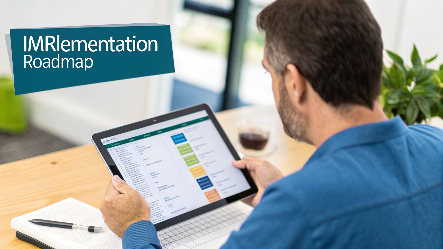 A man views an 'IMRlementation Roadmap' on a digital tablet, with a notebook and coffee nearby.